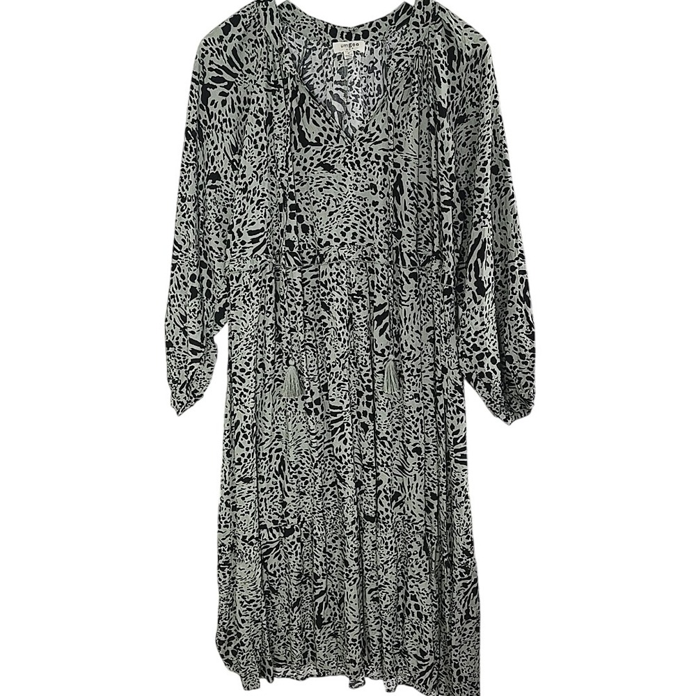 Umgee Tiered Midi Leopard Dress Medium Green Black Boho Chic Safari Vacation